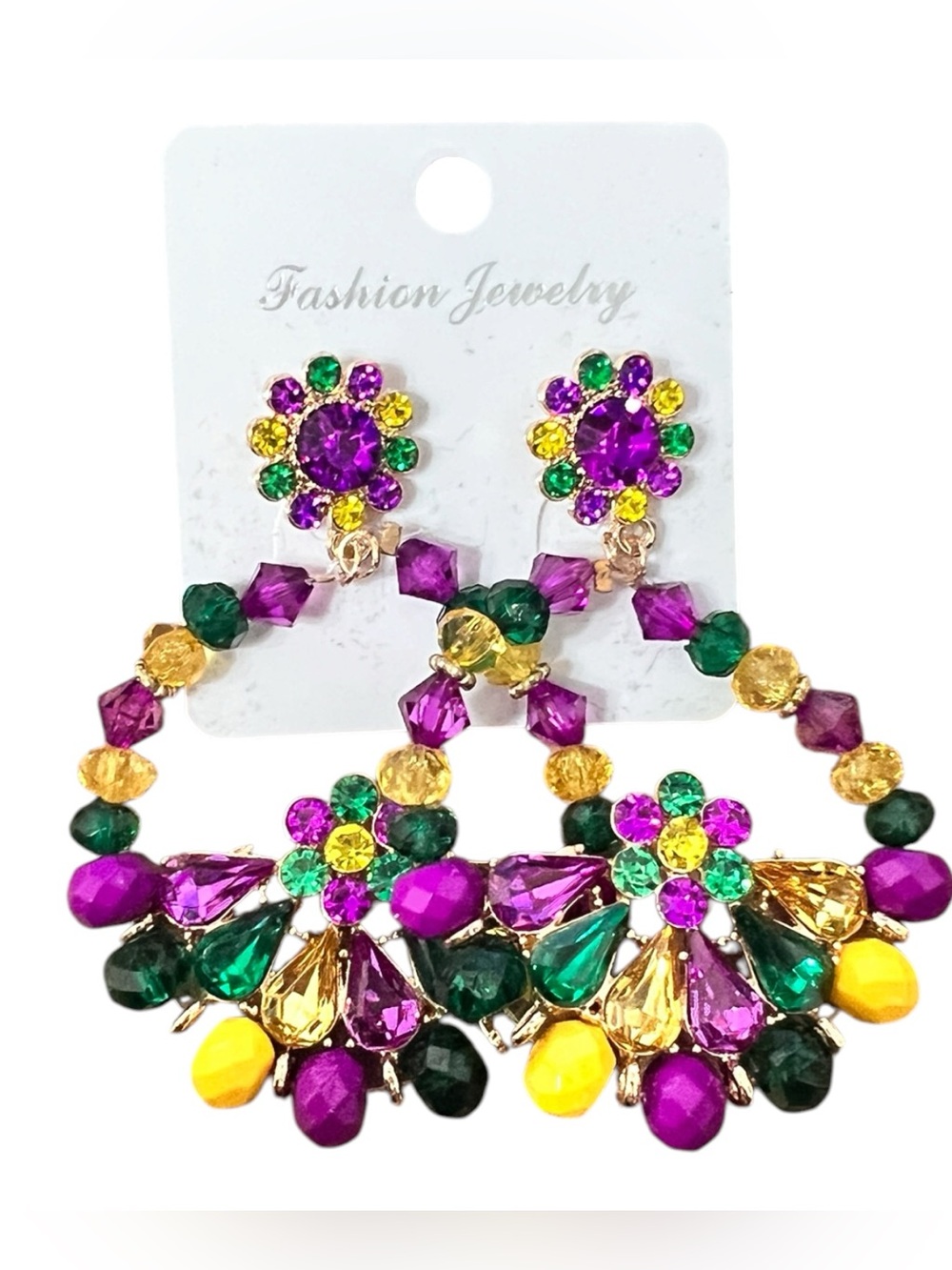 Mardi Gras Inspired Crystal Hoop Statement Earrings - Purple/Green/Yellow